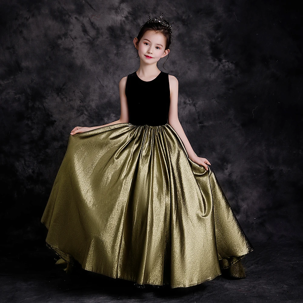 Zwart En Goud Meisje Jurken Bruiloft Bruidsmeisje Rok Meisjes Pageant Gown Floor Lengte Prom Jurken Instrument Prestaties