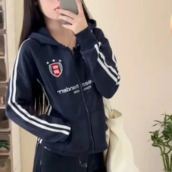 American Retro Letter Striped Sweatshirt Hoodies Slim Zipper Short Jacket Sweet College Women Casual Long Sleeve Tops Korean Y2K