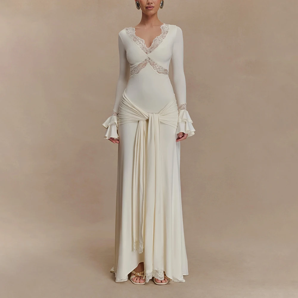 

Elegant Long Sleeve Lace Ruched Self Tie Knot Bodycon Maxi Dresses Formal Cocktail Birthday Wedding Guest Evening Party Dress