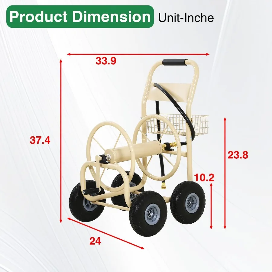 頑丈なガーデンホースリールカート、屋外植栽や芝生の水やりに、300フィート容量、スチール製、4輪収納