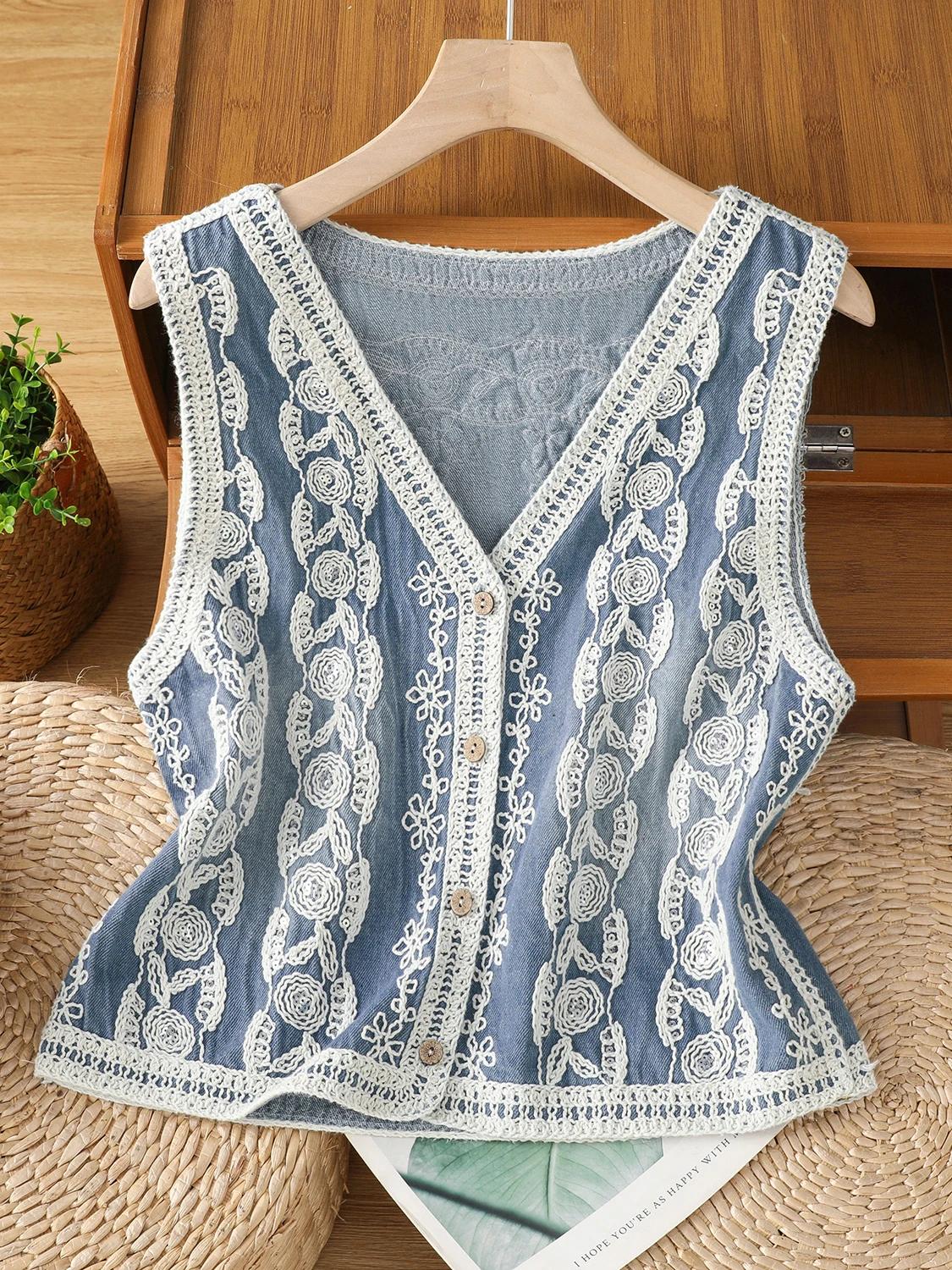 

Embroidered Denim Vest Women's Summer Thin Loose Layered V-Ne oulder Padl Svel Top Commute Sle Button Detail