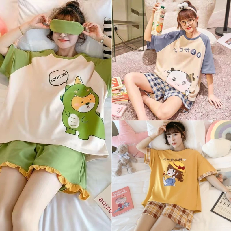 2PCS/Set Large Size Girl Korean Version Short-Sleeved Shorts Pajamas Student Princess Wind Elastic Sweet Kawaii Ladies Homewear