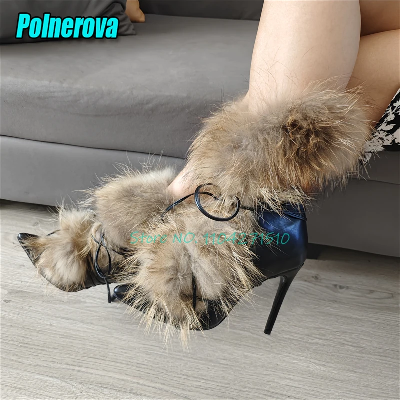 Fluffy Real Fur Ankle Strap Women's Boots Black Leather Splicing Lace-Up Stiletto Short Boots Fashion Pointed Toe High Heels