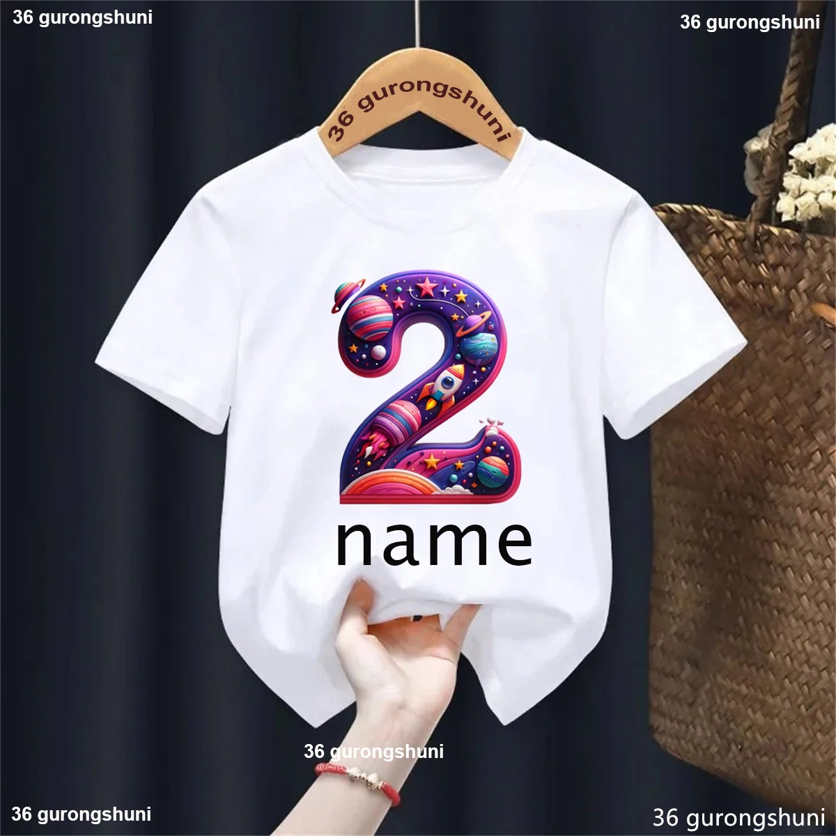 Custom Name 2th Birthday Gift Printed T Shirt Girls/Boys Astronaut Spacecraft Planet Tshirt Kawaii Kids Clothes Solid T-Shirt