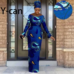 African Luxury Women's Elegant Dress 2024 New Sexy V-neck Long Dress Slim Shining Print Party Evening Gown with Turban 2425067
