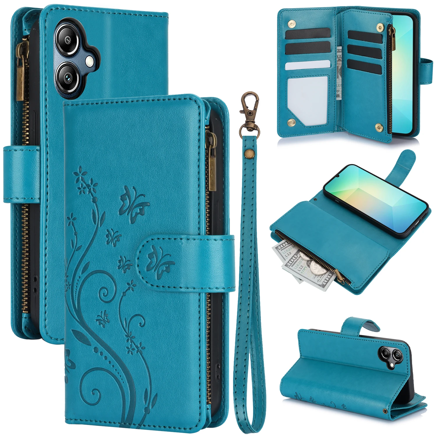 

Чехол-кошелек WEFOR для Samsung Galaxy A57 A37 A56 A36 5G A17 A26 A16 A07 A06, 6 слотов для карт/карман на молнии, съемный ремешок на запястье