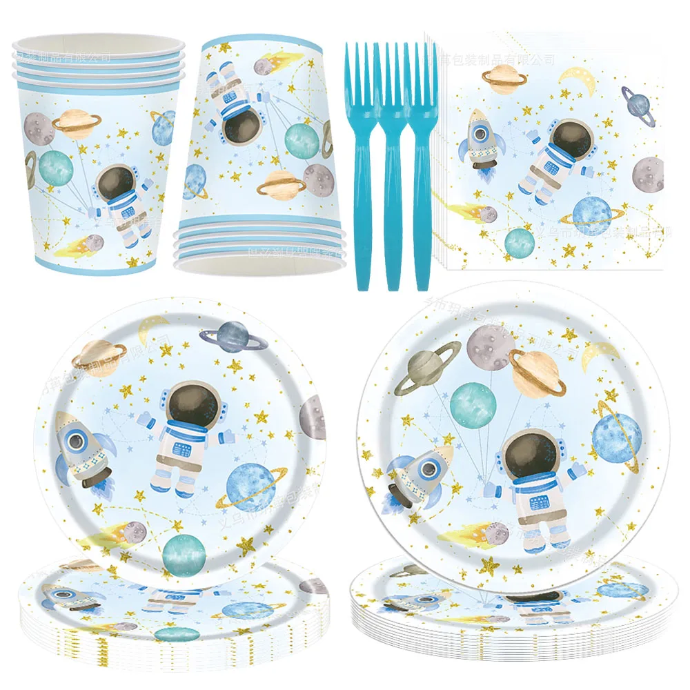 Boy Blue Outer Space Party Tableware Baby Shower Galaxy Theme Space Astronaut Kids Birthday Party Disposable Decoration Cutlery