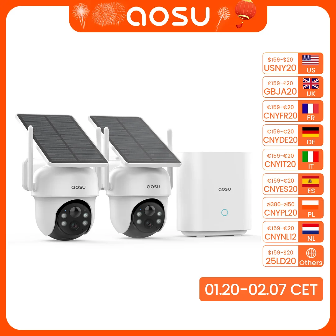 AOSU 3MP 2 Cams Kit Solar Camera System Wireless 360° PTZ Surveillance Wifi Camera Set with Home Base IP Wireless Camera System