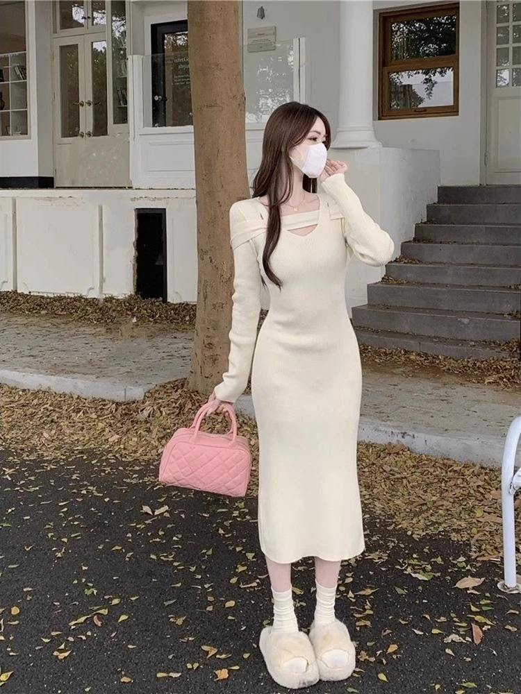 Women's Crochet Dresses Bodycon Autumn Winter Fashion Harajuku Retro New in Y2k Korean Clearance Sale Female Knit Dress Split