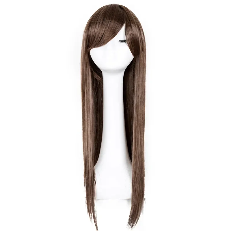 Synthetic Heat Resistant Fiber Long Straight Wig Light Brown Hairpiece Salon Oblique Fringe Women Inclined Bangs Hair