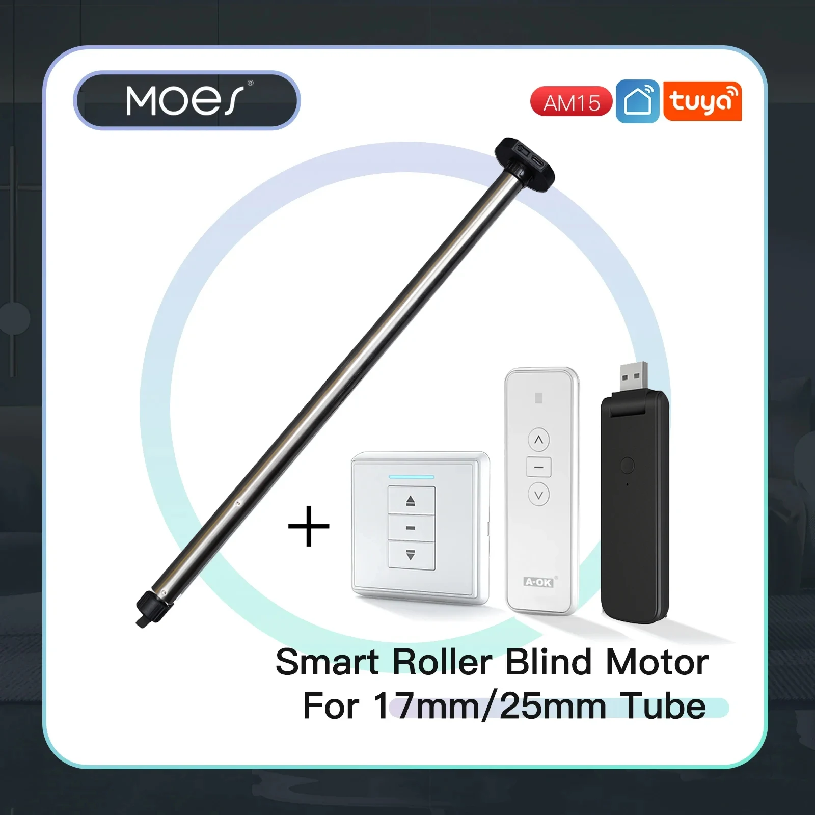 New Automatic AM15 Tubular Roller Blind Motor for 17/25mm Tube Motorized Electric Blind Shade RF433 Remote Control for 25mm Tube