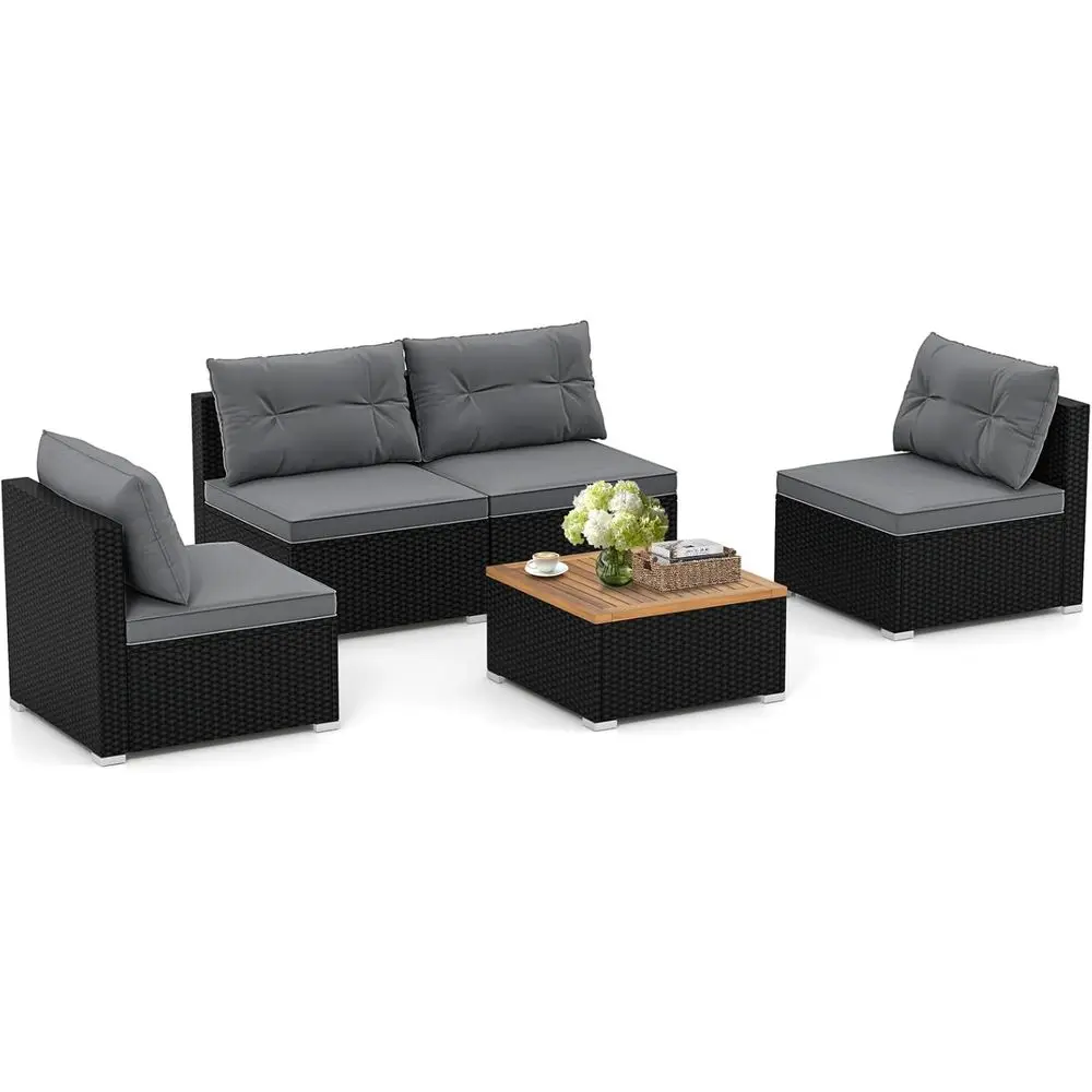 

5-Piece Wicker Outdoor Furniture - PE Rattan Sectional Conversation Set with 4 Armless Sofas & Acacia Wood Coffee Table, Cushion
