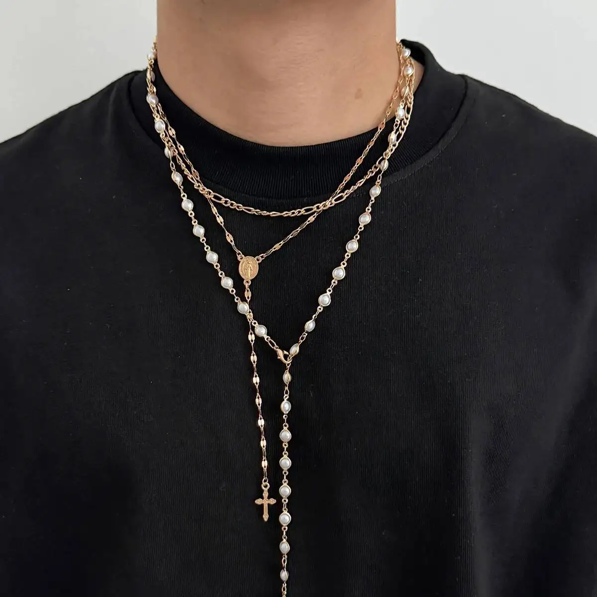 

KunJoe 3Pcs/Set HipHop Multilayer Stacked Imitation Pearl Choker Necklace for Men Goth Jesus Cross Pendant Necklace Male Jewelry