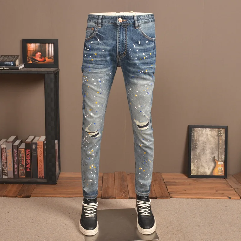 Spring and Summer Thin Ripped Jeans Men's Comfortable Stretch Slim High-End Spray Paint Distressed Street Men's Pants