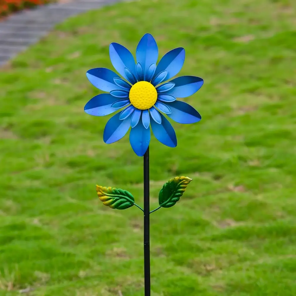 Outdoor Garden Wind Spinner Metal Gazania Flower Rotating Ornament Yard Stake Patio Art Lawn Sculpture Landscape Decor