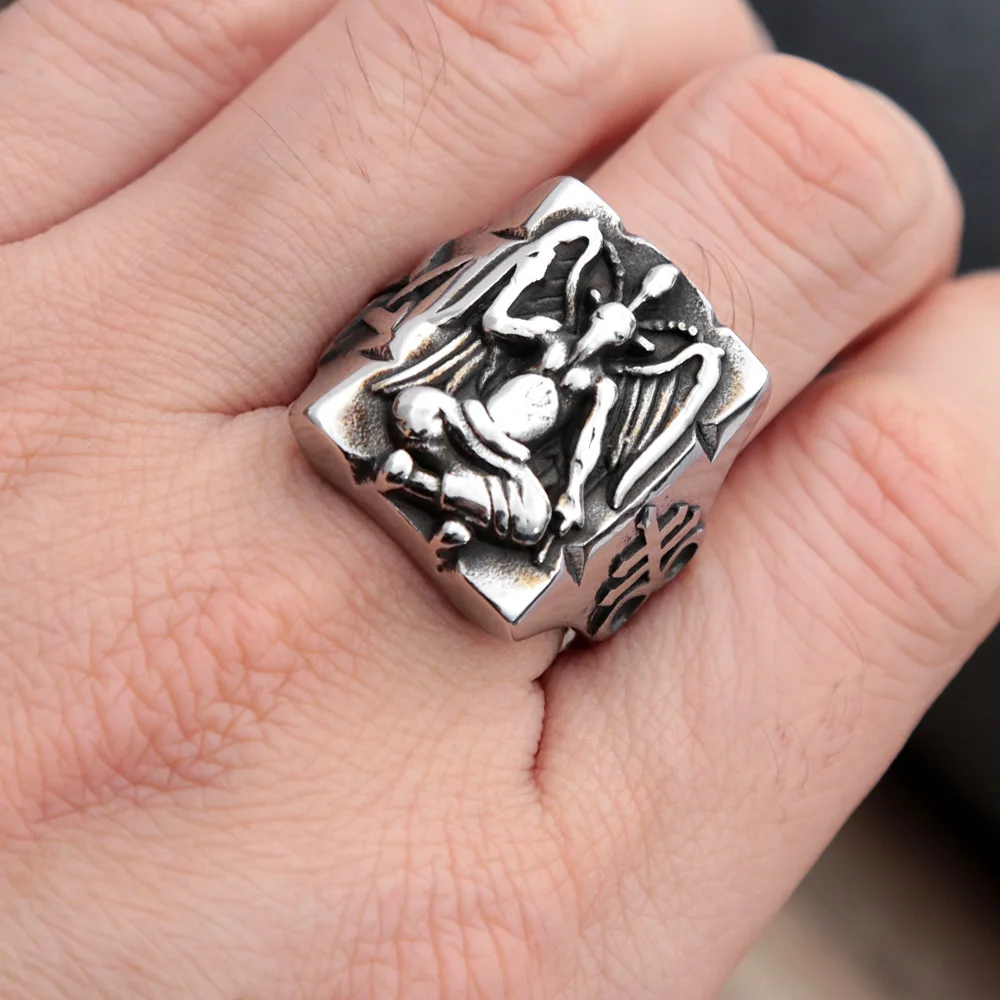 Gothic Vintage Stainless Steel Baphomet Ring Seal of Sata Pentagram Sigil Statement Rings for Men Women Fashion Biker Jewelry