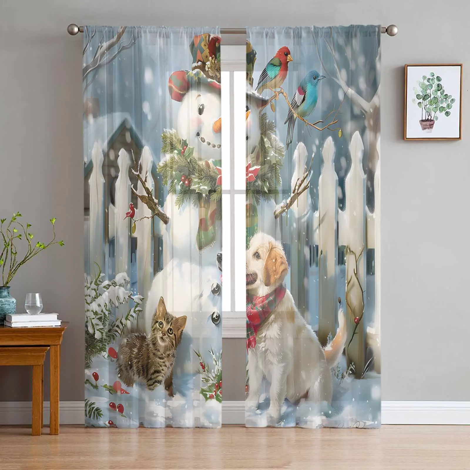 

Christmas Farm Snowman Dog Cat Chiffon Sheer Curtains for Living Room Bedroom Decor Kitchen Window Voiles Tulle Curtain