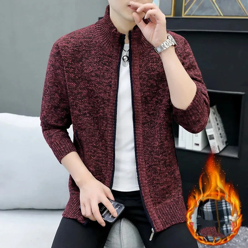 Men's Autumn Winter Turtleneck Solid Zipper Screw Thread Pockets Long Sleeve Sweater Knitted Cardigan Coats Casual Formal Tops