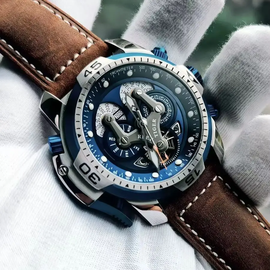 

Reef Tiger Men Automatic Watch Sport 46mm Mechanical Wristwatch Luminous Sapphire Perpetual Calendar Year Month Week Date