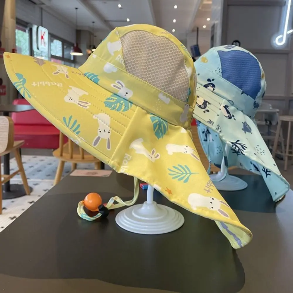 Bucket Cap Summer Baby Hat With Whistle Wide Brim Children's Sunscreen Hat Neck Ear Cover Anti UV Kids Beach Caps UV Protection