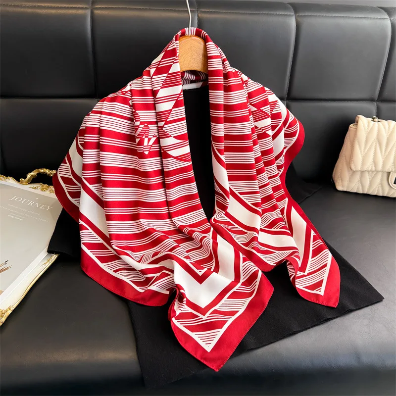 Luxury 90cm Silk Square Scarf Women Fashion Print Beach Large Shawl Female Hair Wrist Bandana Headkerchief Wrap Hijab Echarpe