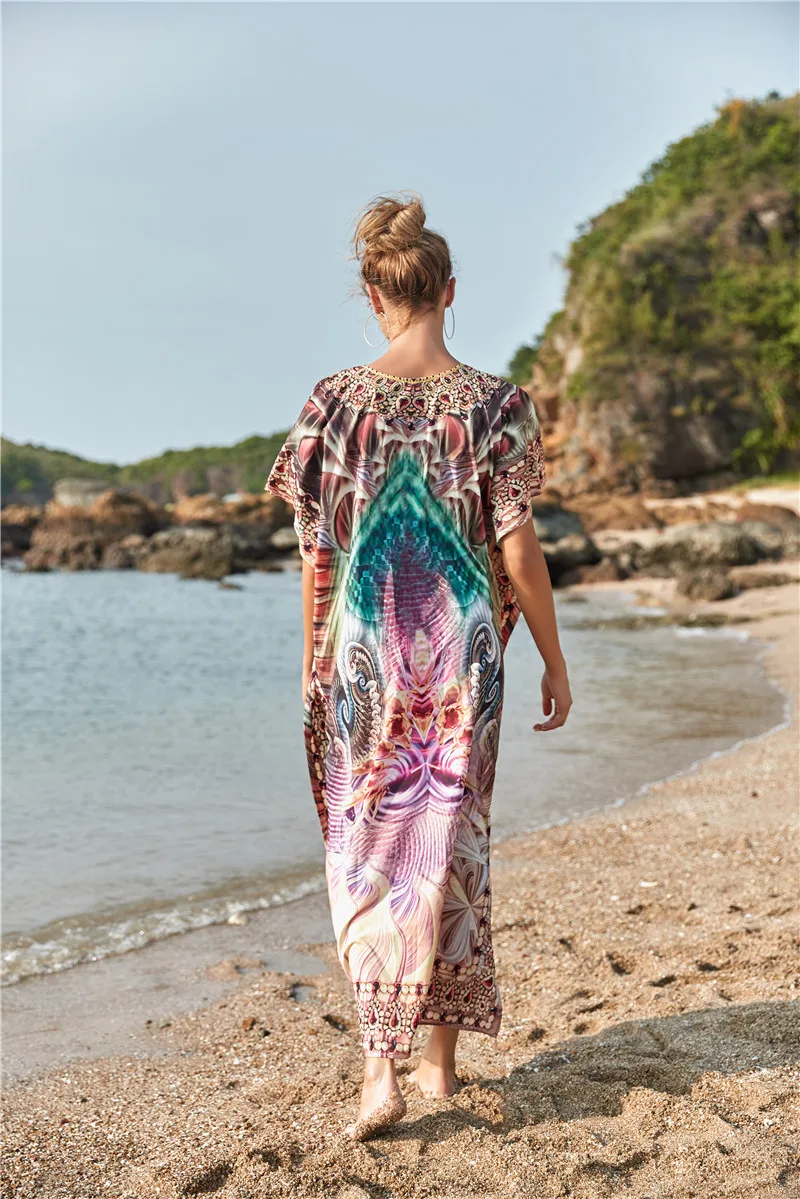 Sukienki kaftan damskie z rozcięciem bocznym, narzutka na strój kąpielowy, codzienna długa sukienka plażowa do noszenia na plaży lub w domu.