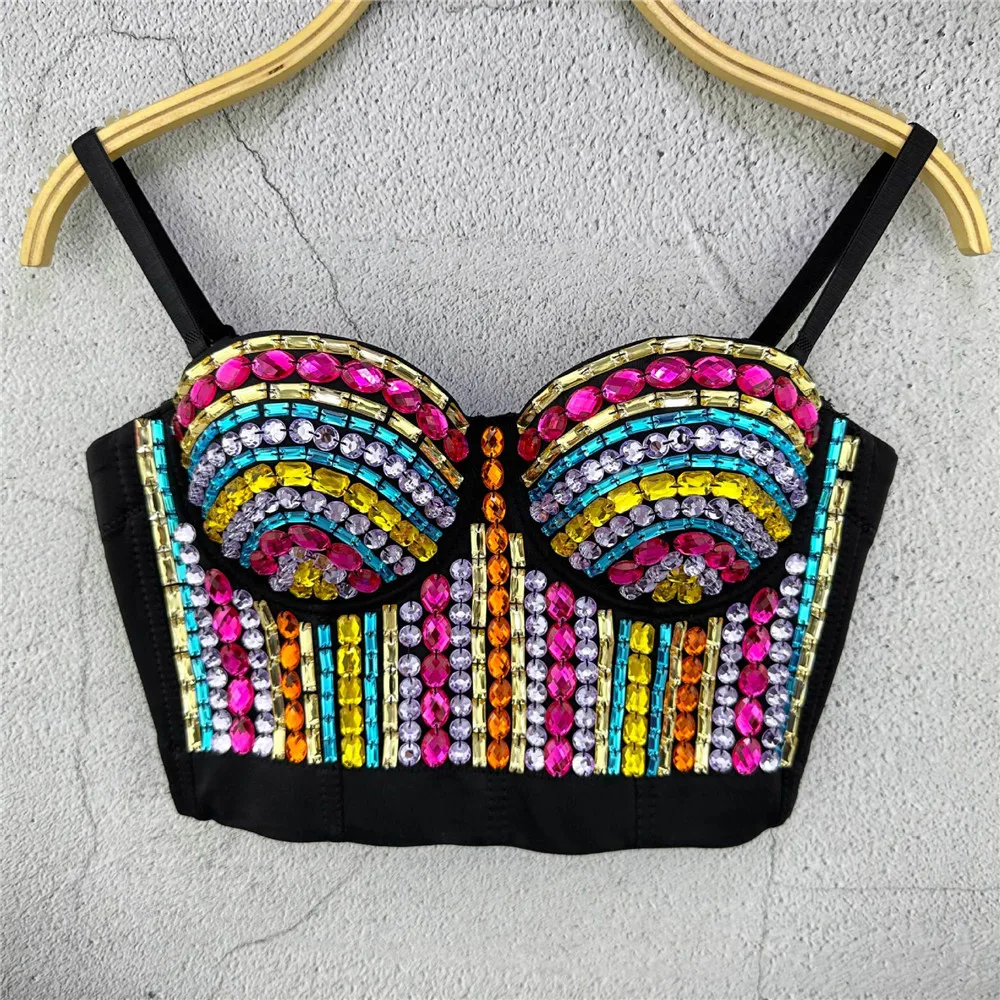 

Colored acrylic Beading Luxury Tank Tops punk slim Camisole Women Bustier Bra Sexy Female Nightclub party Cropped top Y4712