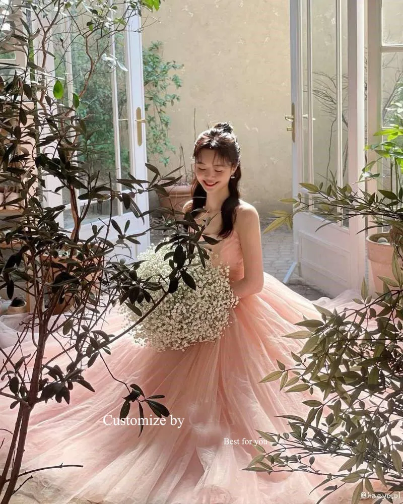 Oloey Elegante Blush Roze Lange Korea Prom Avondjurken Off The Shoulder Tule Mouwen Formele Feestjurken Tuin Bruid Jurk