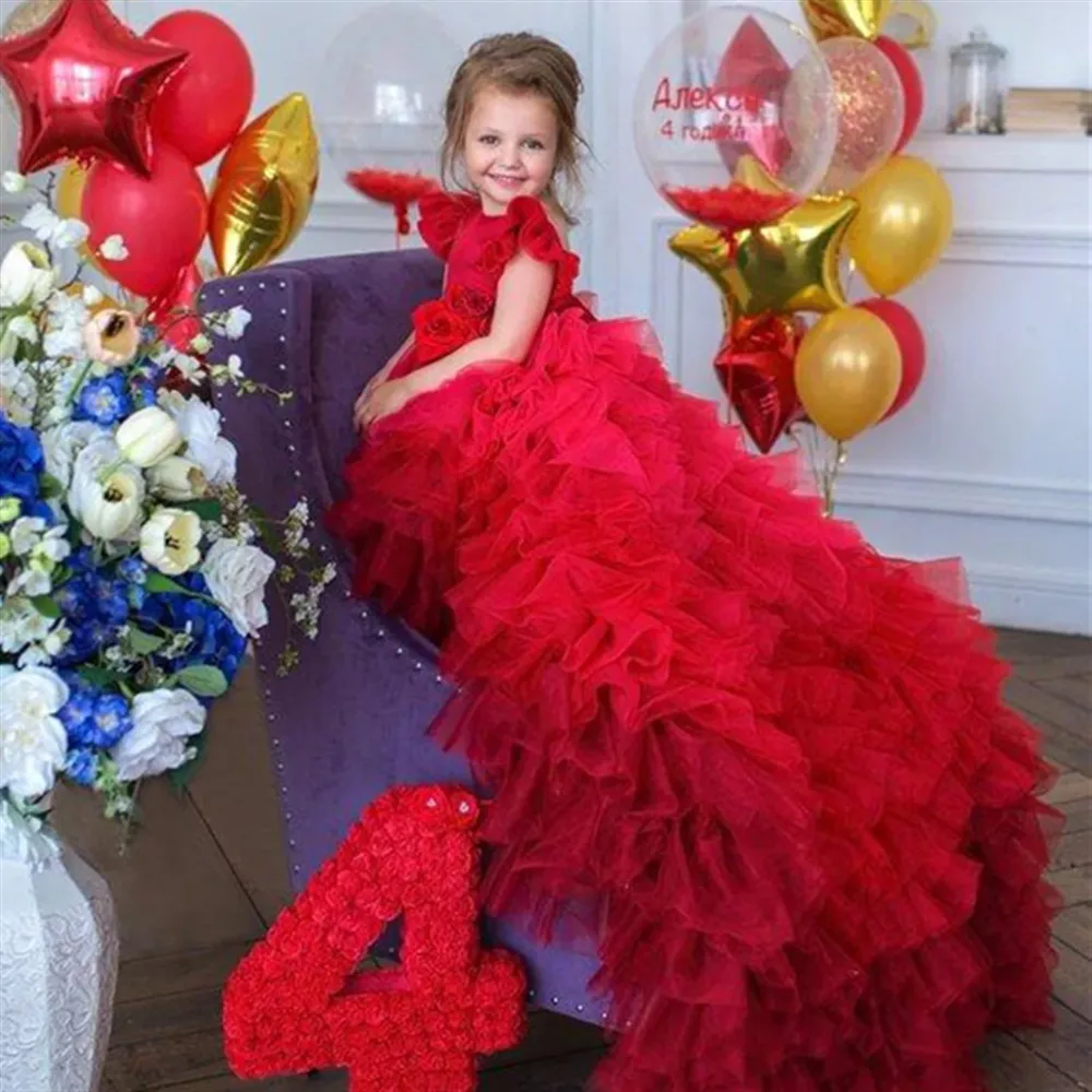 

Red Flower Girl Dress for Wedding High-Low Tiered Bow Girl Princess Birthday Party Kids First Holy Communion Gown Customized