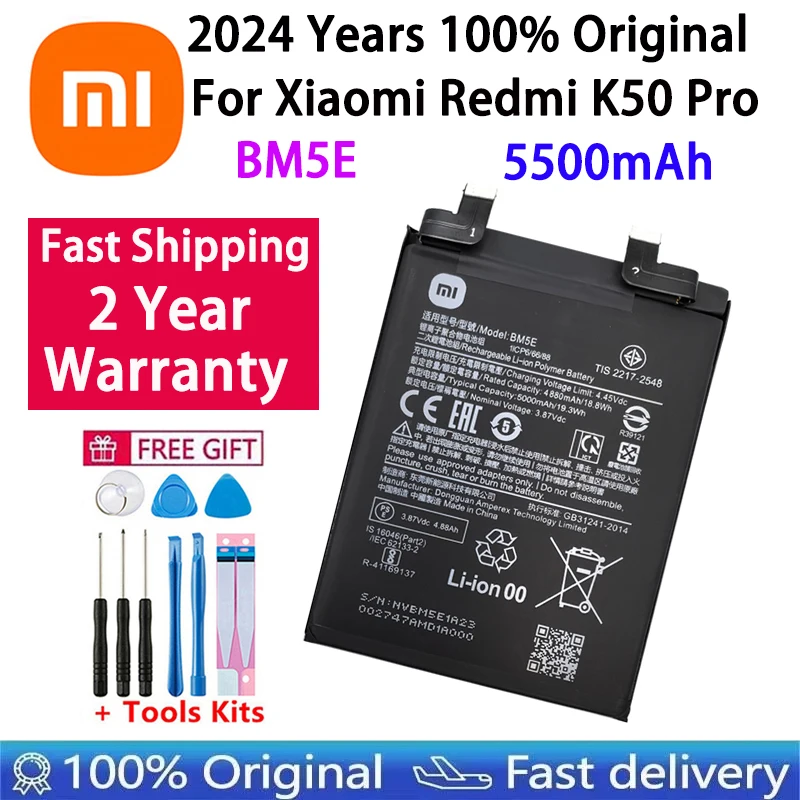 

2024 Years 100% Original High Quality BM5E 5500mAh Battery For Xiaomi RedMi K50 Pro K50Pro Phone Replacement Batteries Fast Ship