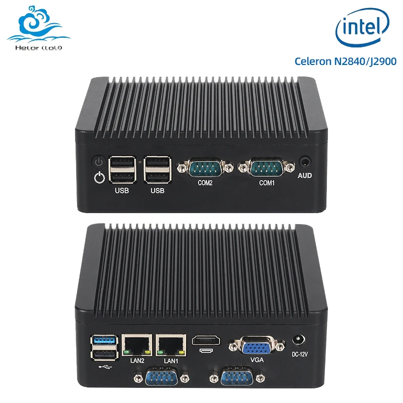 Fanless Industrial Mini PC with Inter N2840/J2900 Support Windows10 LINUX with 6xUSB 4xRS232/485 COM 2xLAN HDMI VGA Computer