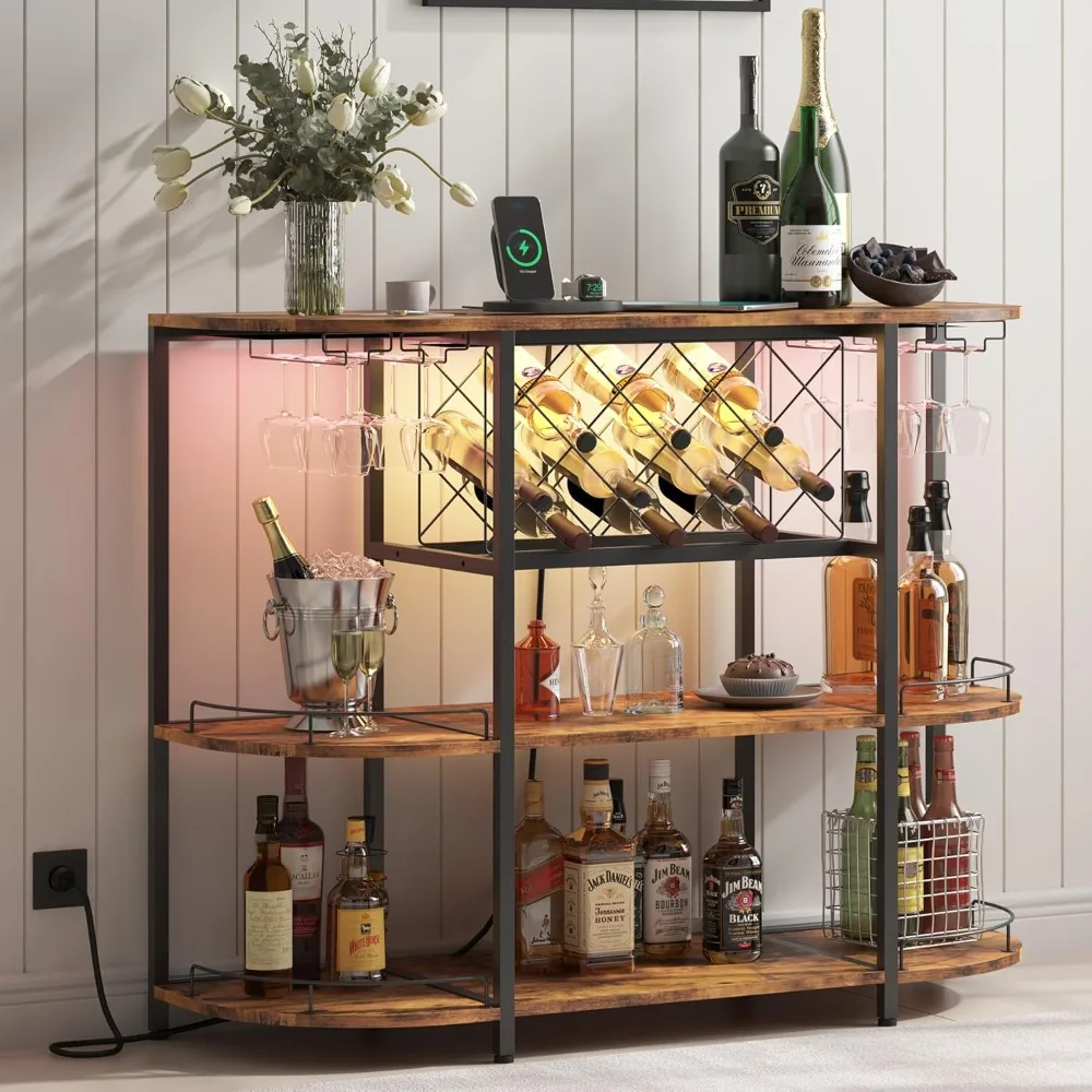 Armário de vinho com tomada e luz LED, 3 Tiers Coffee Bar Table, Cremalheira do vinho, Liqour Bar, Grande armazenamento