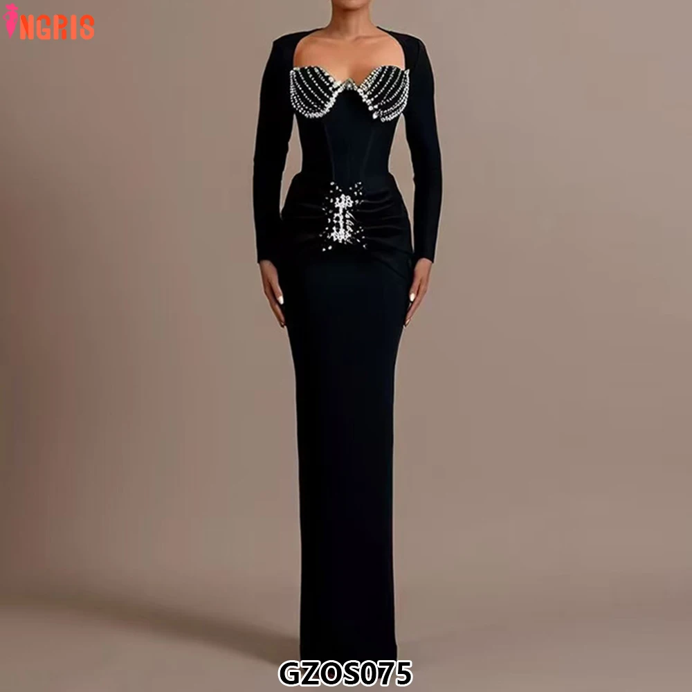 

Women Sexy Crystal Beading Bandage Dress Long Sleeve Bodycon Clothes Celebrity Party Elegant Dresses-GZOS075