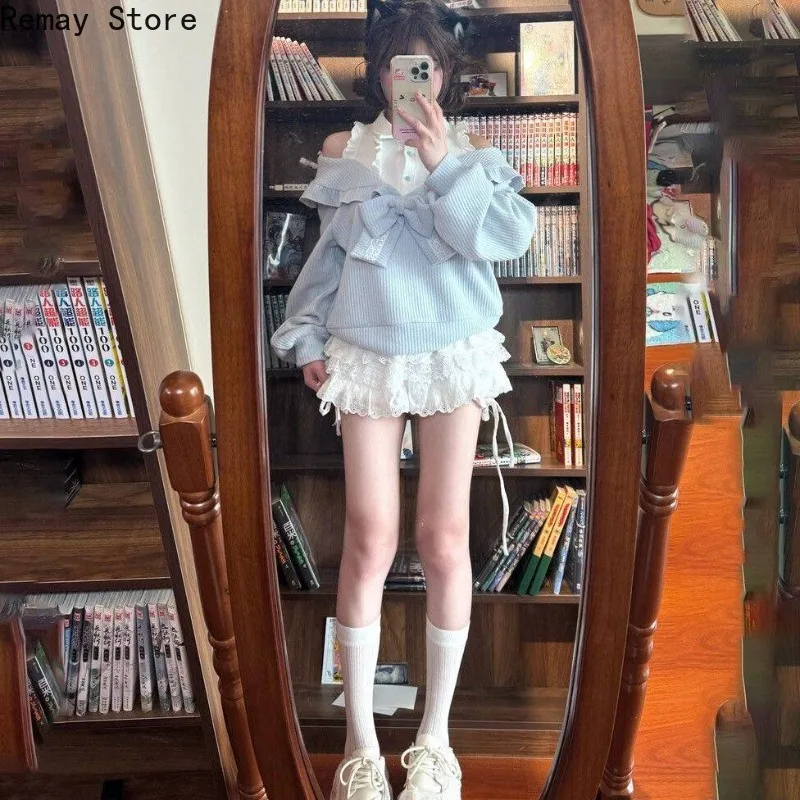 Korean Fashion Style Sexy Sweet 2 Piece Set Women Chic Bow Sweater Tops + Lace Mini Skirt Japanese Lolita Y2k Autumn Outfits New image 3
