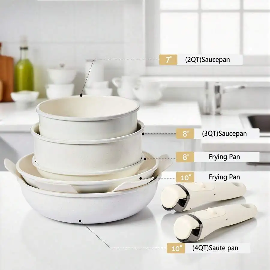 19-Piece Cookware Set, 5 Pots And 2 Lids, Removable Handles, Non-Stick Pots And Pans, Microwave & Oven , Dishwasher , Cream Whit