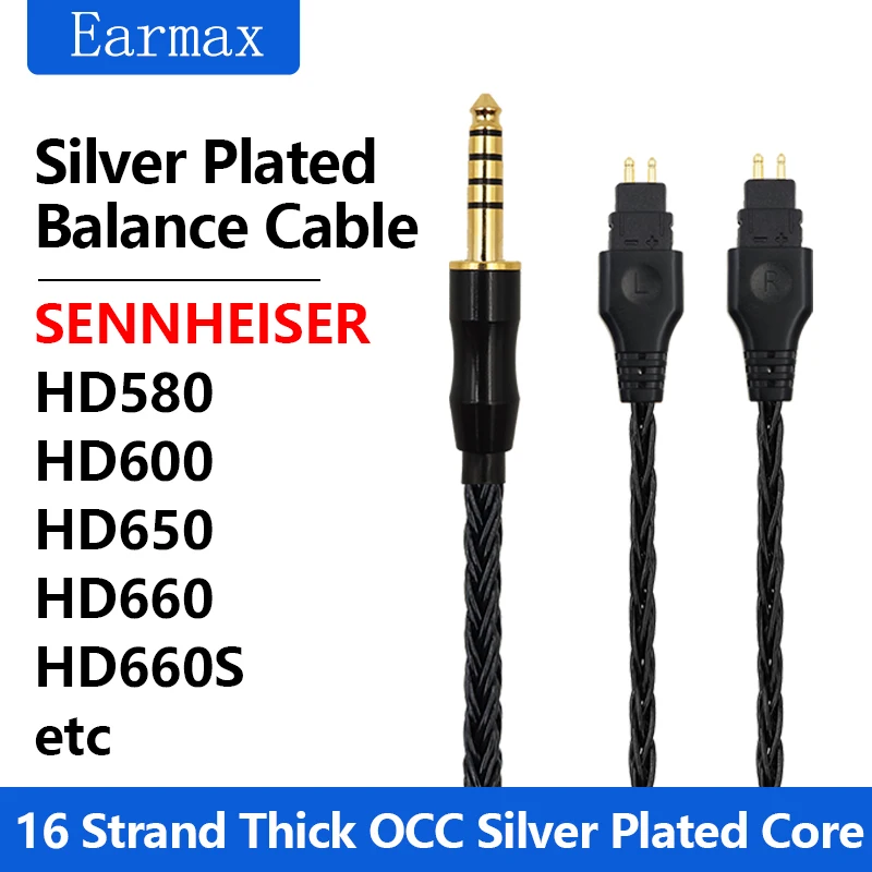 

For Sennheiser HD650 HD580 HD600 HD660 HD660S Headsets Replaceable 16 Strand 4.4mm 2.5mm Black Balanced OCC Silver Plated Cable