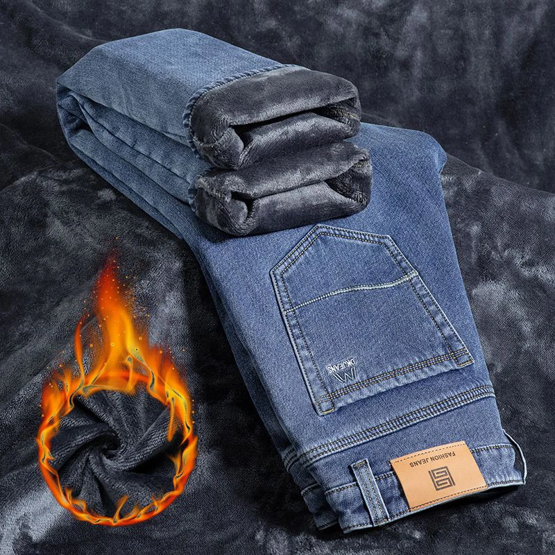 

Men Autumn Winter Fleece Lined Thickened Jeans Male Smart Casual Warm Denim Pants Breathable Vintage Loose Straight Trousers