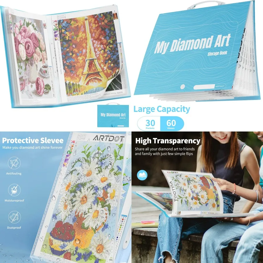 كتاب تخزين A3 لمجلد محفظة مجموعات الفن الماسي مع 30 واقيًا لأكمام الجيب لملحقات الطلاء الماسي المثالية