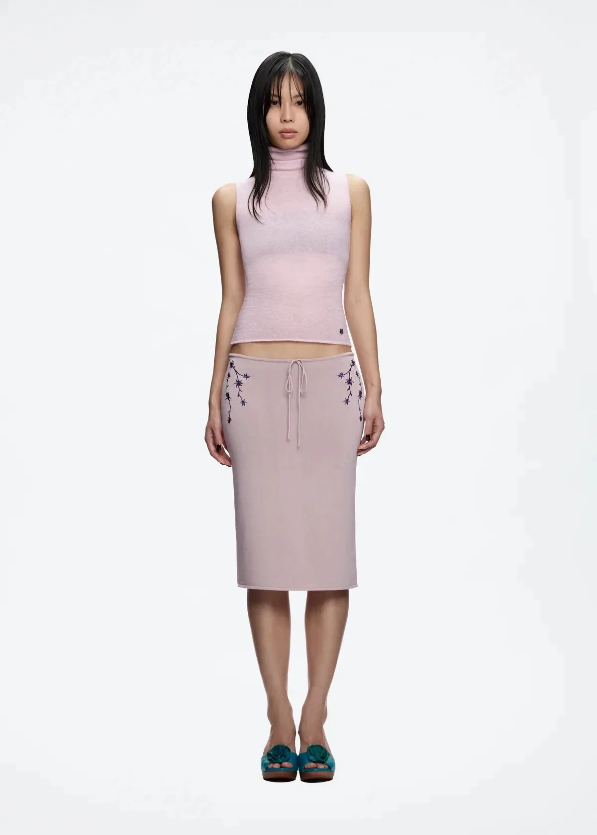 tankair pink turtleneck sleeveless knit top kiko knit embroidery skirt with micro-permeable T-shirt