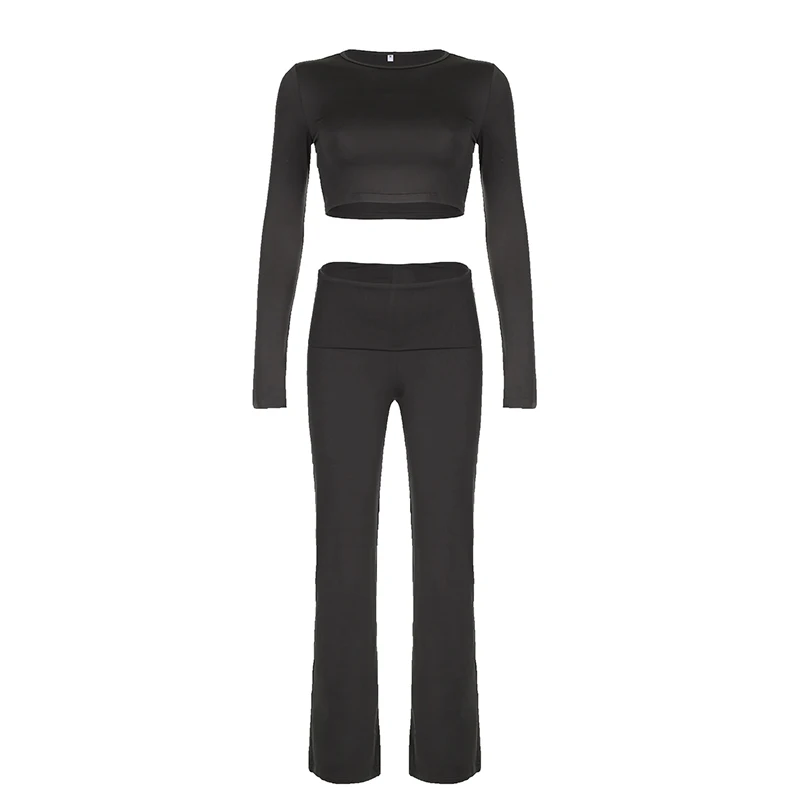 Rockmore Solid Yoga Two Piece Set Women Skinny Sporty Legging Long Sleeve Crop Top + Body-Shaping Pants Female Activewear Outfit