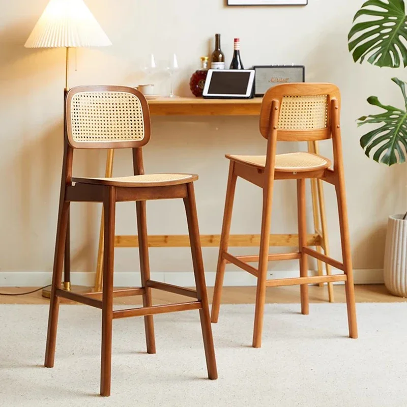 

Nordic Solid Wood Bar Stools With Simple Rattan Backrest Bar Chair And High Stool Furniture