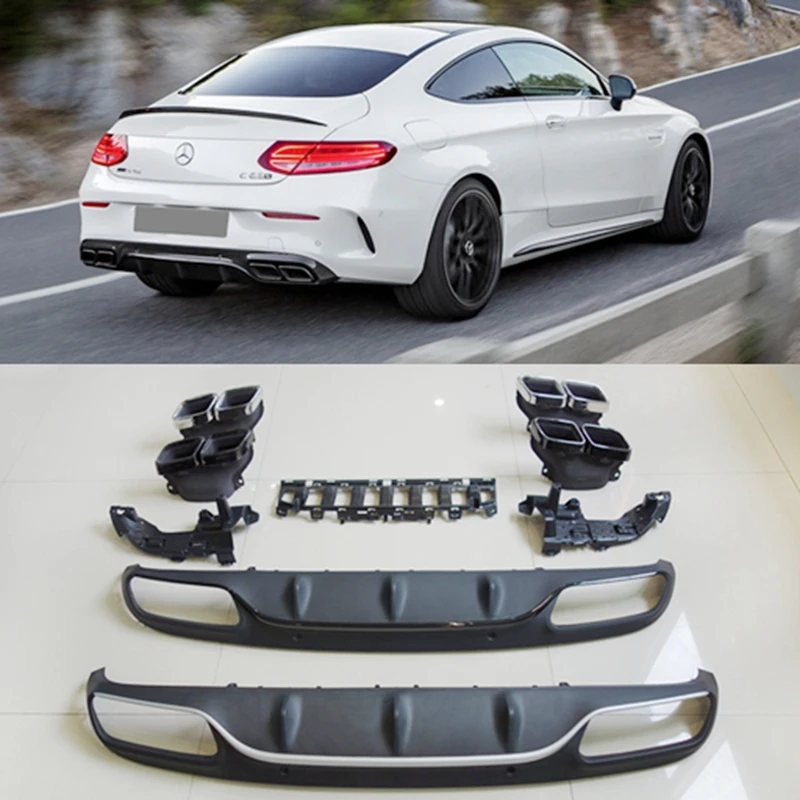 For C63 AMG Diffuser with exhaust tips for Mercedes Benz W205 C205 Coupe 2-Door C200 C300 C43 AMG to C63  Rear Bumper Lip