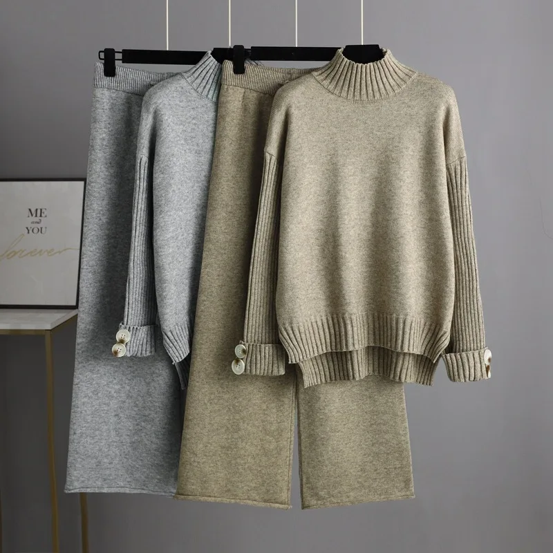 2023 Fashion Casual Knitted Sweater 2 Piece Set Women Autumn Winter Female Long Sleeve Sweater High Waisted Wide Leg Pants Set