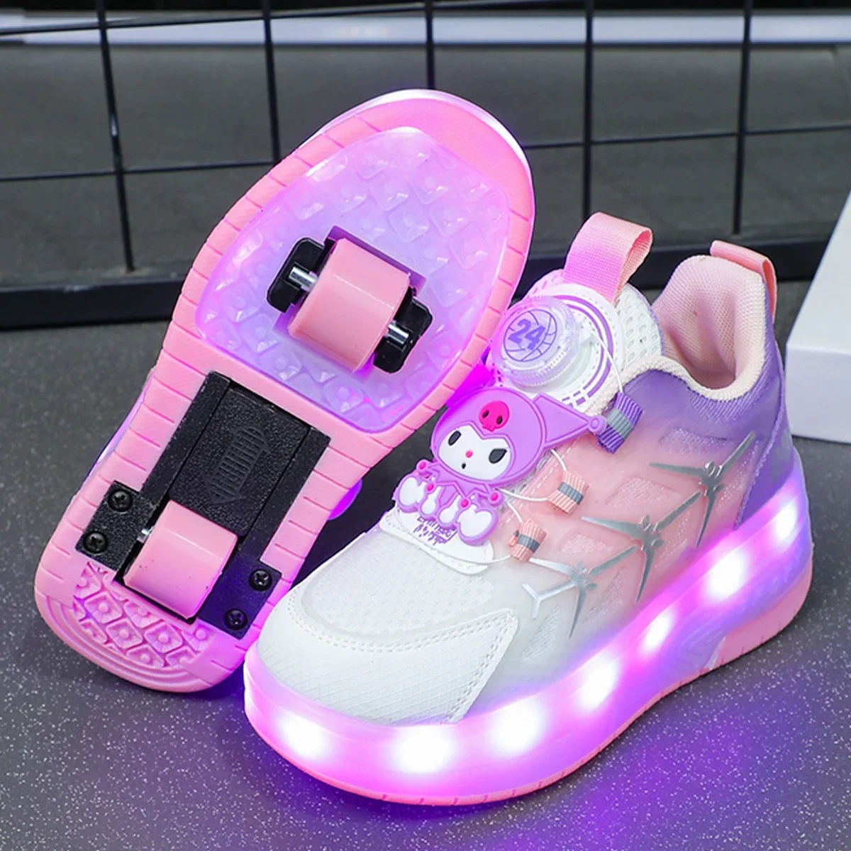 Children Girls Wheels Luminous Glowing Sneakers Heels Pink Light Roller Skate Shoes Kids Led Shoes USB Charging