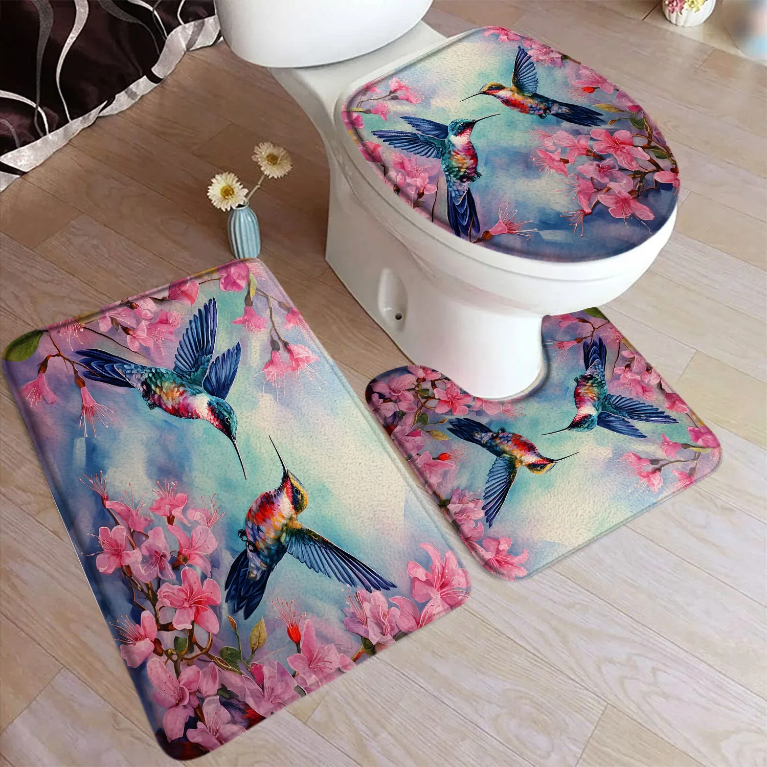 Hummingbird Bath Mat Set Purple Birds Floral Plants Modern Home Carpet Bathroom Decor Floor Rugs U-shaped Mats Toilet Lid Cover