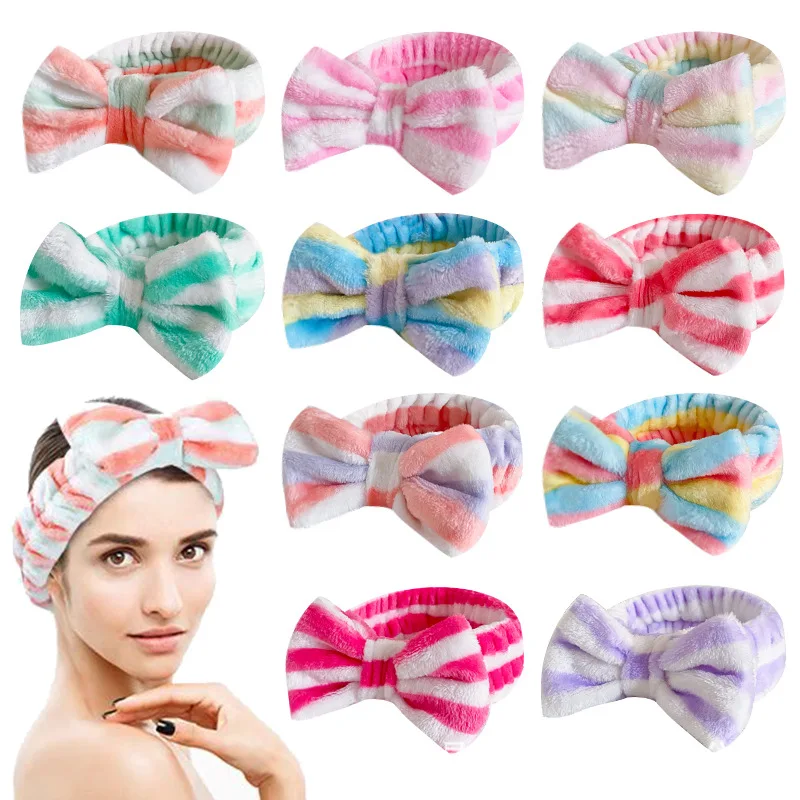 

Stripe Bow Headbands Spa Headwrap for Women Washing Face Hair Band Shower Makeup Head Band Soft Coral Fleece Turban Accessories