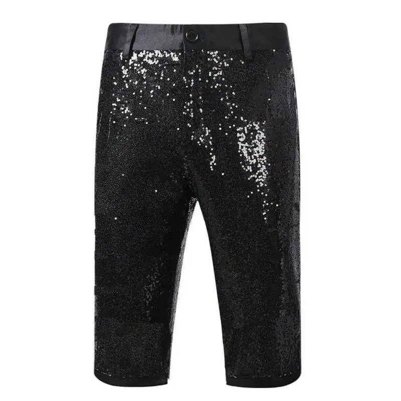 Men Sequins Shorts, Purple Glitter Knee Length Party Pants, Shiny Stage Performance Wear for Club Disco Cosplay Suit Short Pants