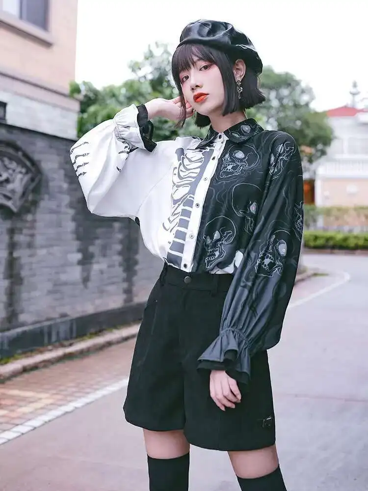 New Chinese Style National Style Han Elements Shirt Asymmetric Printing Lantern Sleeve Retro Punk Style Shirt