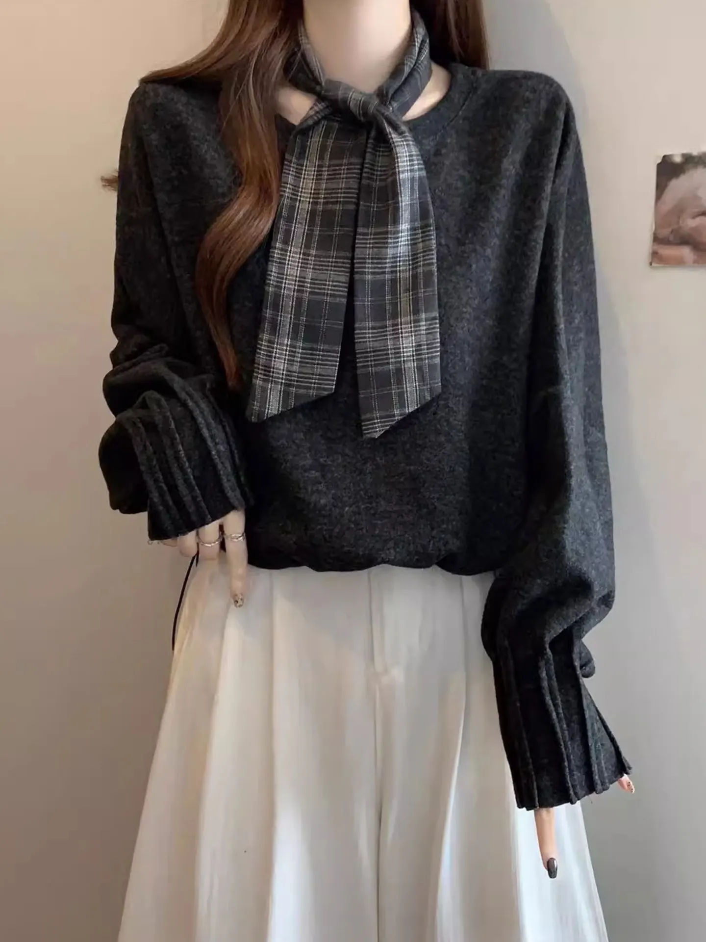 

ay Woolen Long Sve Sweatirt Women's Autumn Winter plus Size Dstring Ne Scarf Hanging Top Commute Sle Regular Fit