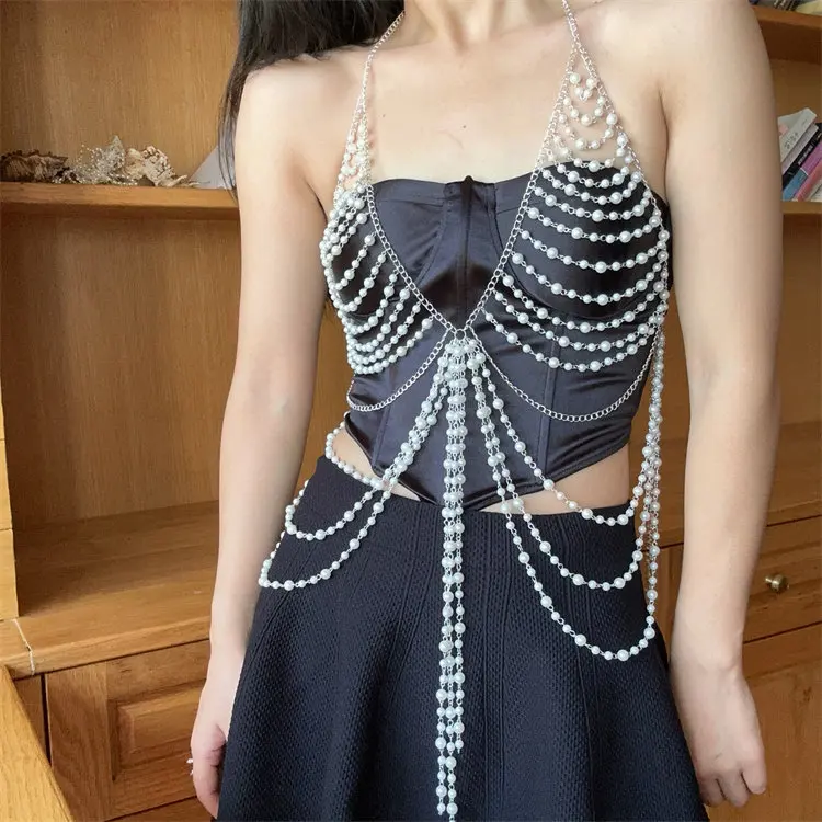 Backless Plastic Pearls Woven Camist Tops Multi-layer Hollow Pearls Tassel Body Chain Breast Jewelry Summer Dance Show Crop Tops